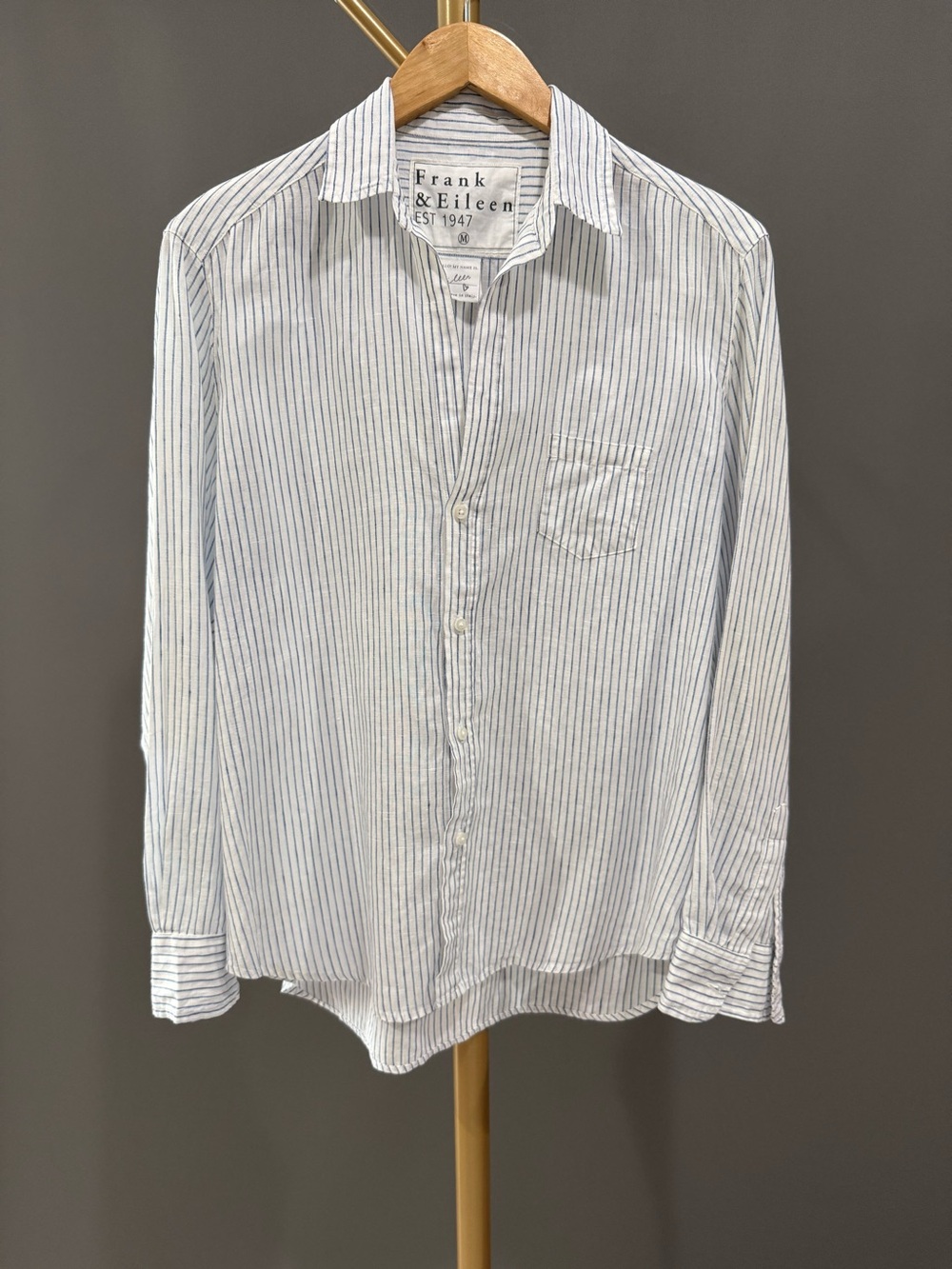 Frank & Eileen Eileen 100% Linen Striped Button Down Shirt Blue White M